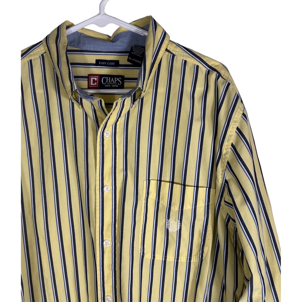 Chaps Mens XL Easy Care Striped Button Down Shirt Yellow Navy Blue Long Sleeve